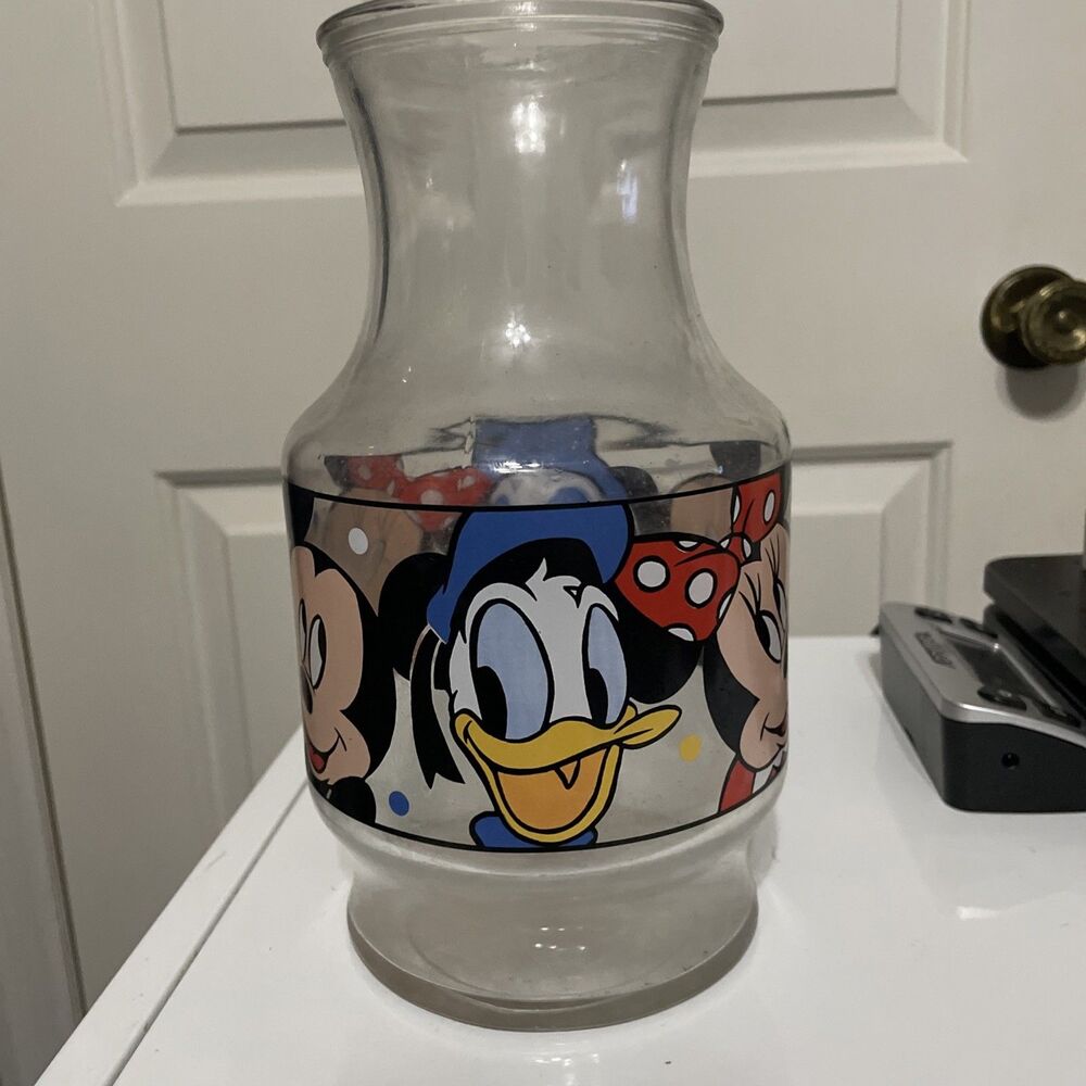 Vintage Disney Juice Carafe Mickey Ducky Minnie Anchor Hocking Jar Mickey Mouse